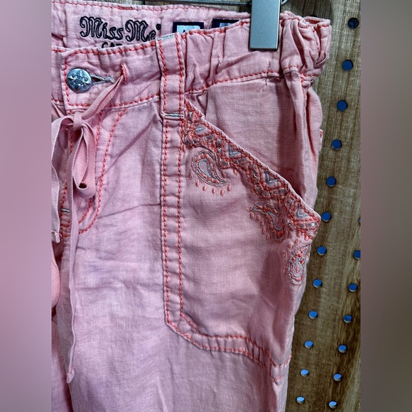 EUC MISS ME Peach Linen Cargo Drawstring Wide Leg Silver Embroidered Pants - Picture 2 of 4